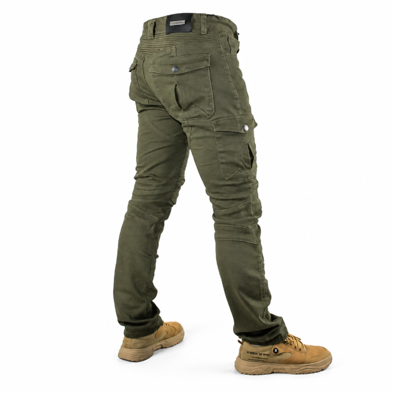 Olive green cargo pants shown from the back on a model wearing tan work boots, against a plain white background.