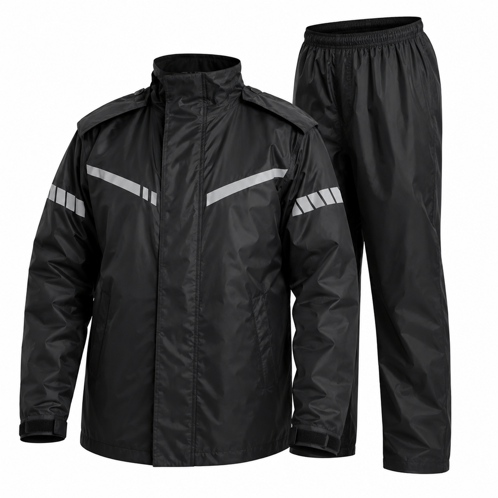 A black rain jacket and matching black rain pants set, shown on a plain white background. The jacket features reflective silver diagonal stripes on the shoulders and upper arms.