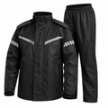 A black rain jacket and matching black rain pants set, shown on a plain white background. The jacket features reflective silver diagonal stripes on the shoulders and upper arms.