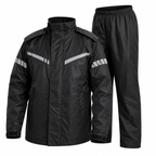 A black rain jacket and matching black rain pants set, shown on a plain white background. The jacket features reflective silver diagonal stripes on the shoulders and upper arms.