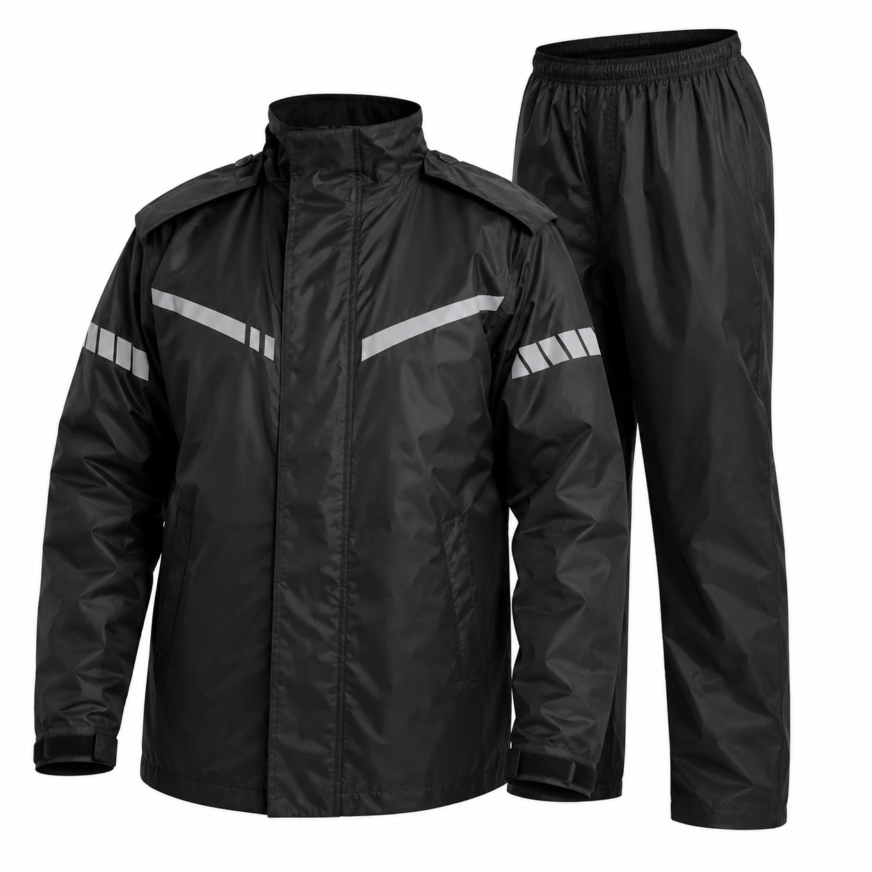 A black rain jacket and matching black rain pants set, shown on a plain white background. The jacket features reflective silver diagonal stripes on the shoulders and upper arms.