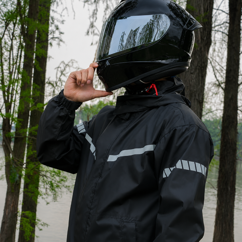A person wearing a black full-face motorcycle helmet and a black rain jacket with reflective silver stripes, standing outdoors among trees near water.