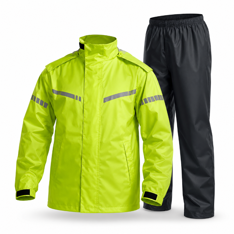 A two-piece rain suit consisting of a high-visibility neon yellow-green waterproof jacket with reflective silver stripes and black rain pants, displayed on a clean white background.