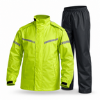 A two-piece rain suit consisting of a high-visibility neon yellow-green waterproof jacket with reflective silver stripes and black rain pants, displayed on a clean white background.