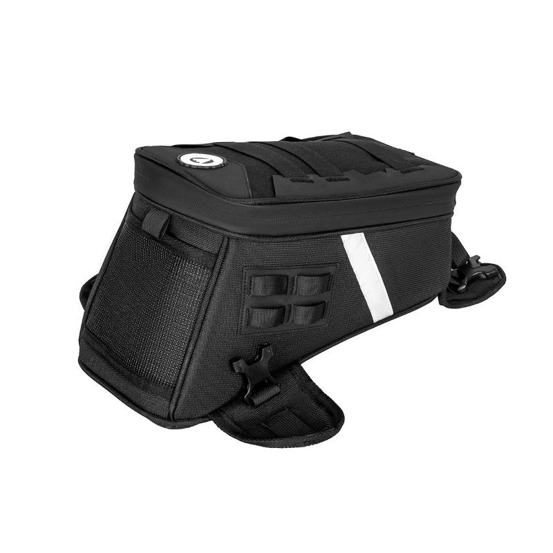 Black motorcycle saddlebag on a white background