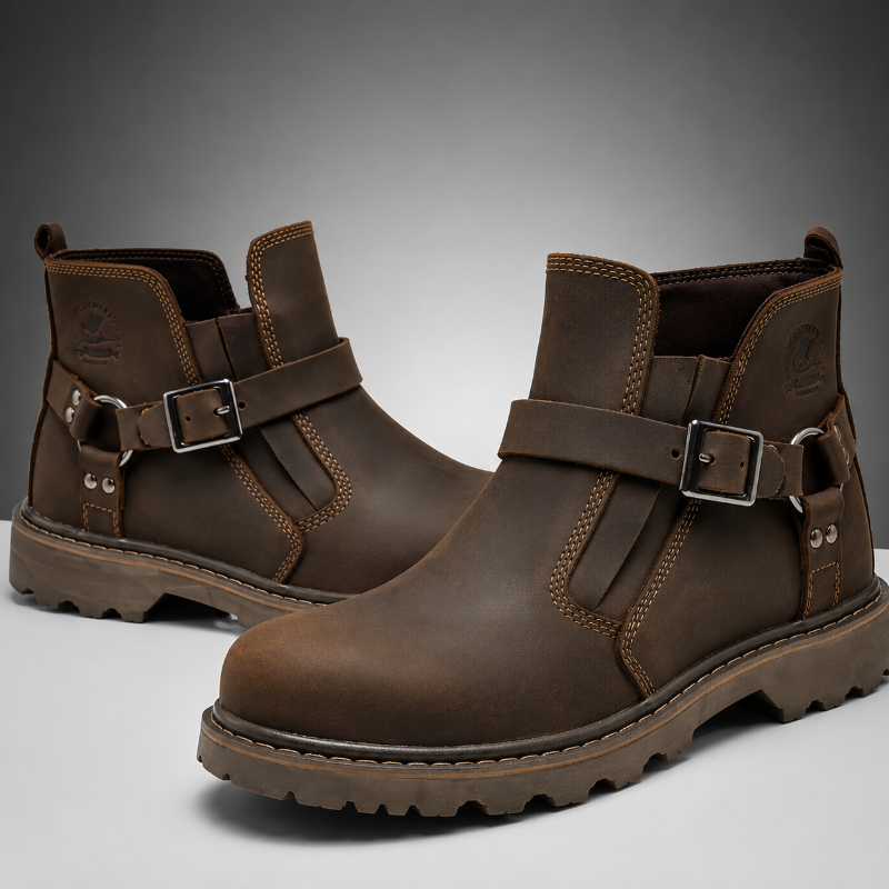 A pair of dark brown leather ankle boots with buckle straps, shown on a neutral gray gradient background.