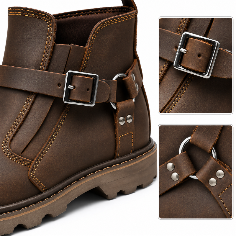 A dark brown leather ankle boot with a decorative side buckle strap and metal hardware, shown alongside two detail inset images highlighting the buckle and ring-and-buckle closure.