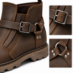 A dark brown leather ankle boot with a decorative side buckle strap and metal hardware, shown alongside two detail inset images highlighting the buckle and ring-and-buckle closure.