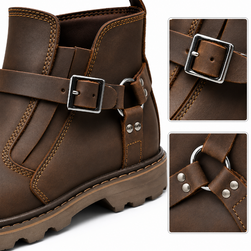 A dark brown leather ankle boot with a decorative side buckle strap and metal hardware, shown alongside two detail inset images highlighting the buckle and ring-and-buckle closure.