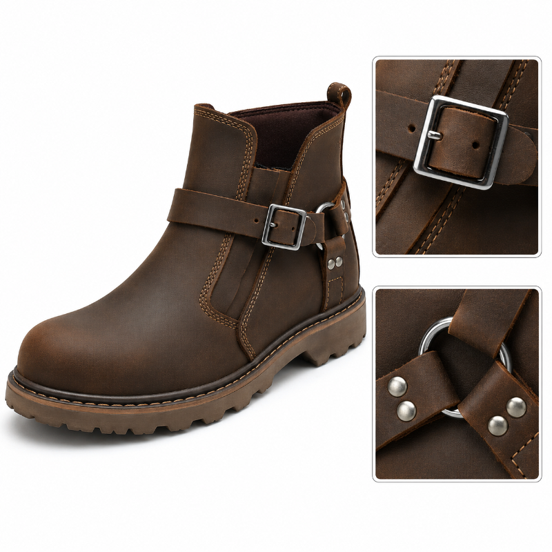 A dark brown leather ankle boot with a buckle strap, shown on a white background with two detail inset images highlighting the buckle and strap hardware.