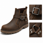 A dark brown leather ankle boot with a buckle strap, shown on a white background with two detail inset images highlighting the buckle and strap hardware.