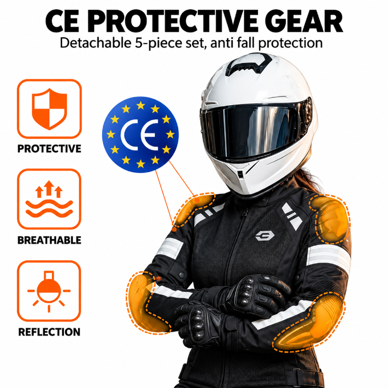 A person wearing a white full-face motorcycle helmet and a black motorcycle jacket with yellow protective armor inserts, shown on a white background with marketing text and feature icons for CE protection, breathability, and reflection.