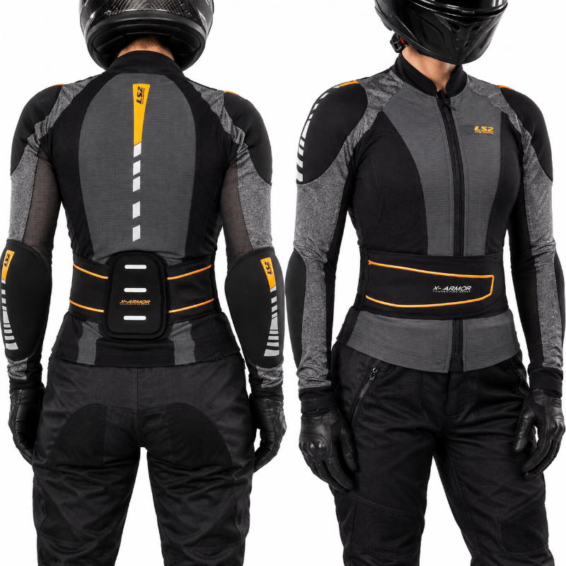 Front and back views of a rider wearing a black and gray motorcycle jacket with yellow accents, a matching belt with a pouch, and black pants against a white background.