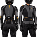 Front and back views of a rider wearing a black and gray motorcycle jacket with yellow accents, a matching belt with a pouch, and black pants against a white background.
