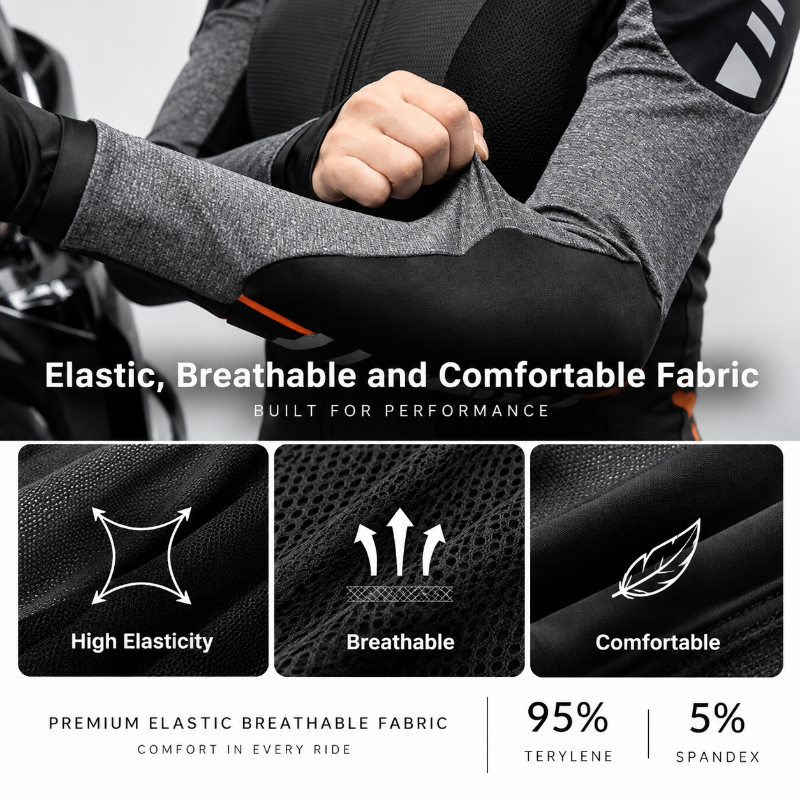 Close-up of a person wearing a gray and black performance riding sleeve, stretching the fabric to show elasticity. Below, three panels highlight breathable mesh texture, high elasticity, and comfort, with text reading 'Elastic, Breathable and Comfortable Fabric' and '95% Terylene | 5% Spandex'.