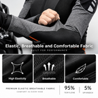 Close-up of a person wearing a gray and black performance riding sleeve, stretching the fabric to show elasticity. Below, three panels highlight breathable mesh texture, high elasticity, and comfort, with text reading 'Elastic, Breathable and Comfortable Fabric' and '95% Terylene | 5% Spandex'.
