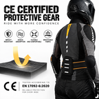 A person wearing a black and gray motorcycle protective jacket and helmet, shown from the back on a white promotional graphic. The image includes large text reading 'CE CERTIFIED PROTECTIVE GEAR' and feature icons for impact resistant, shock absorption, flexible comfort, and breathable fabric, plus a CE certification mark.