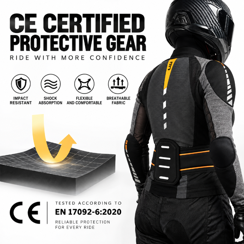 A person wearing a black and gray motorcycle protective jacket and helmet, shown from the back on a white promotional graphic. The image includes large text reading 'CE CERTIFIED PROTECTIVE GEAR' and feature icons for impact resistant, shock absorption, flexible comfort, and breathable fabric, plus a CE certification mark.