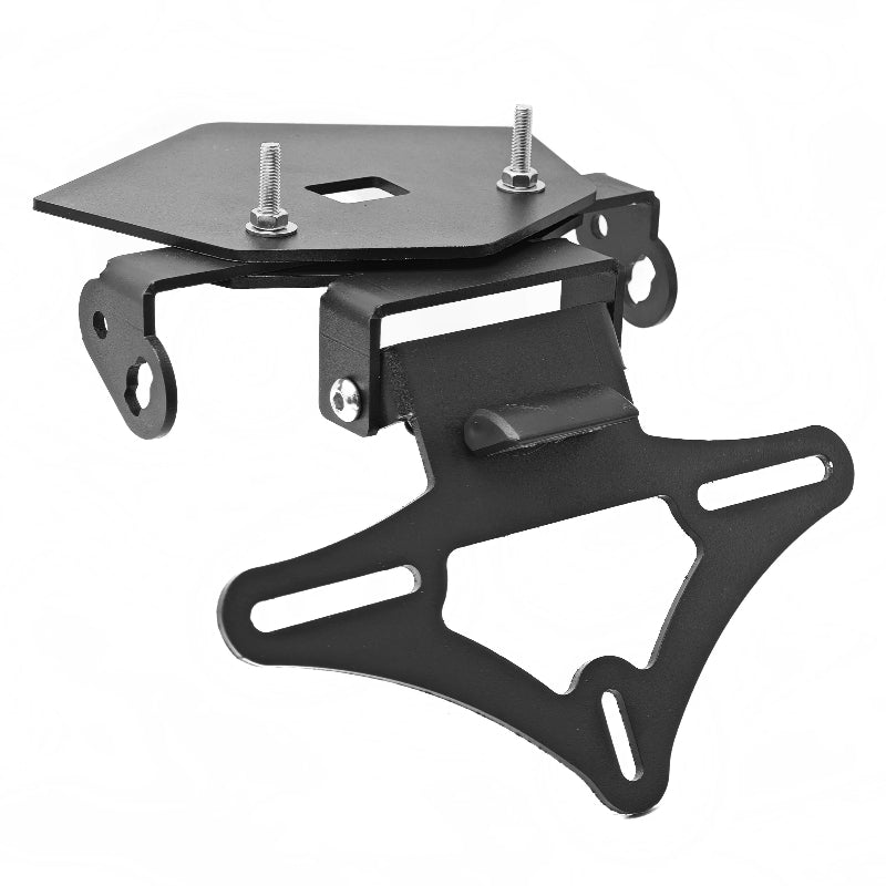 Black metal mounting bracket with silver screws and bolts, shown on a plain white background.