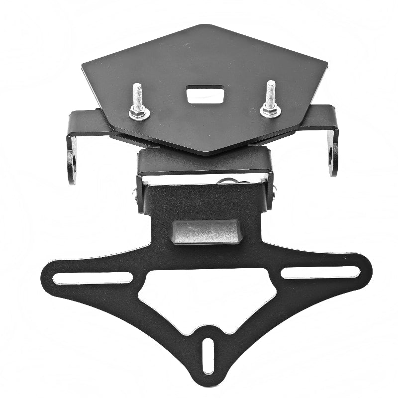 A black metal motorcycle license plate frame bracket with silver mounting bolts, shown on a plain white background.