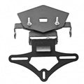 A black metal motorcycle license plate frame bracket with silver mounting bolts, shown on a plain white background.